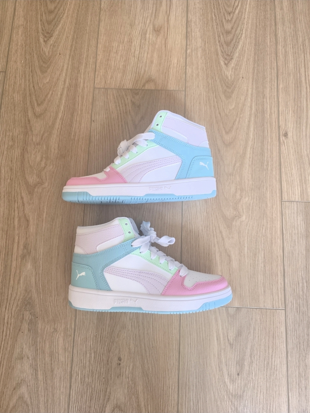 PUMA Rebound Layup Kids' High-Top Pastel Colorblock Sneakers - Pink/Blue/Green